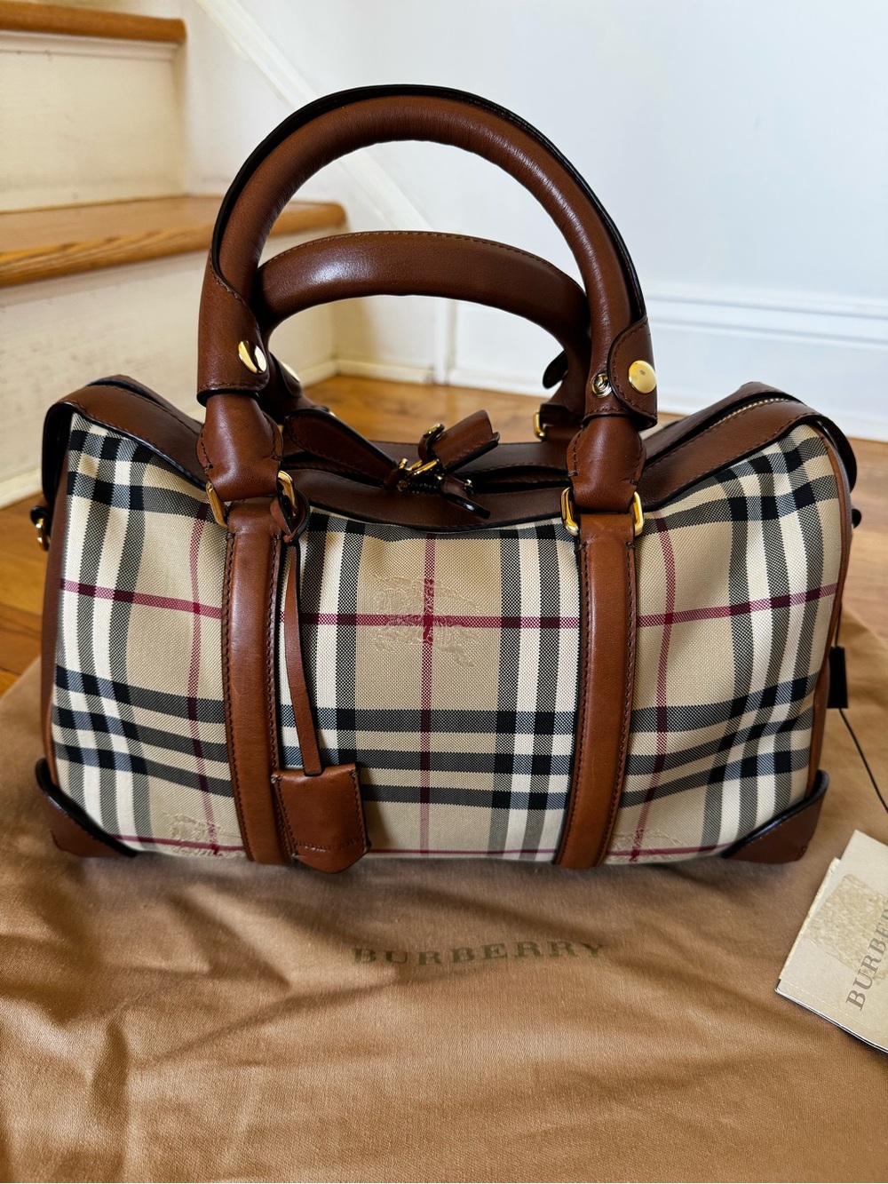 Burberry Check The Alchester Bag with Brown Leather Trim